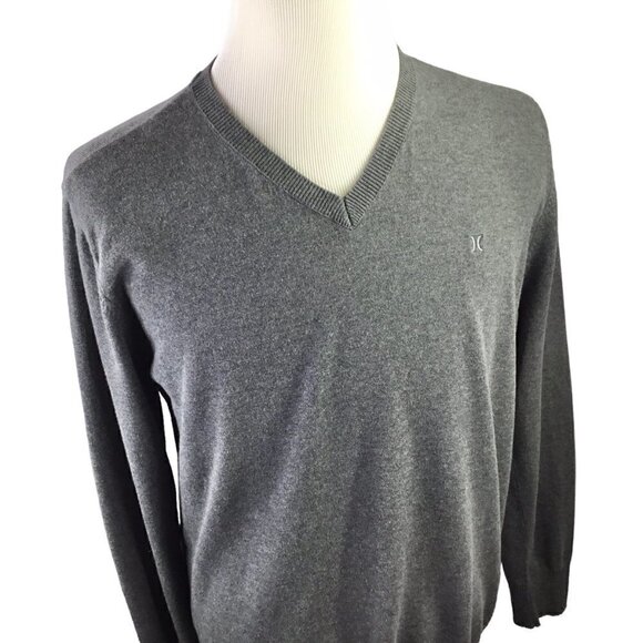 Hurley V Neck Sweater Men's XL Pullover Gray Long Sleeve 100% Cotton Casual Knit - Picture 2 of 10